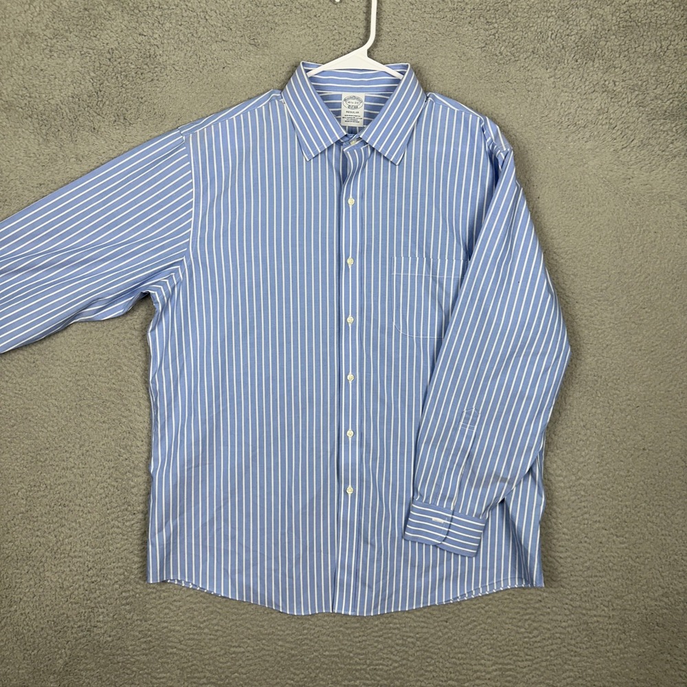 Brooks Brothers Dress Shirt Mens 16.5-33 Regular Blue White Striped Stretch EUC